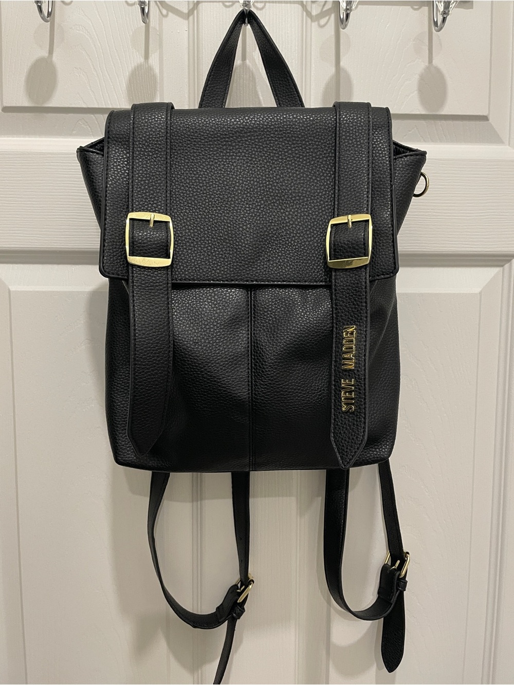 Steve Madden Black Pebbled Faux Leather Backpack with Gold Hardware and wallet